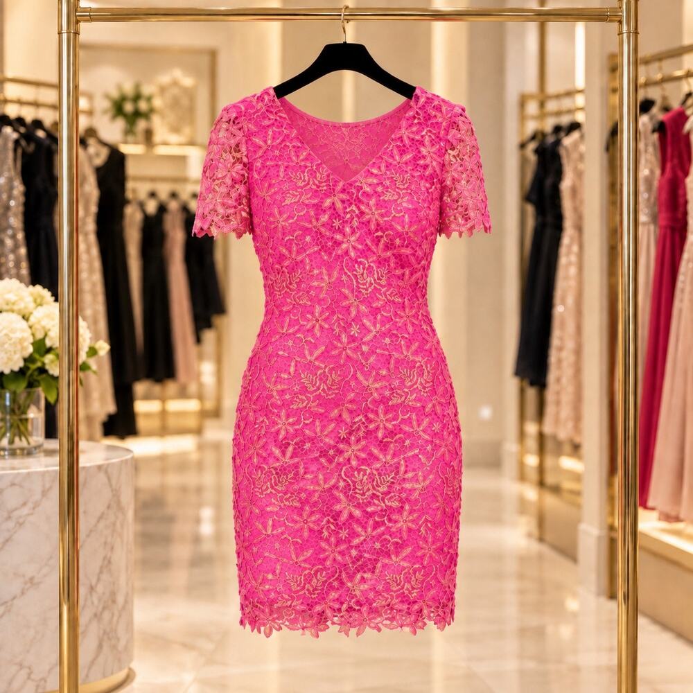 Kensie Pink Gold Floral Lace Sheath Cocktail Dress Size 12 NWT V-Neck Holiday